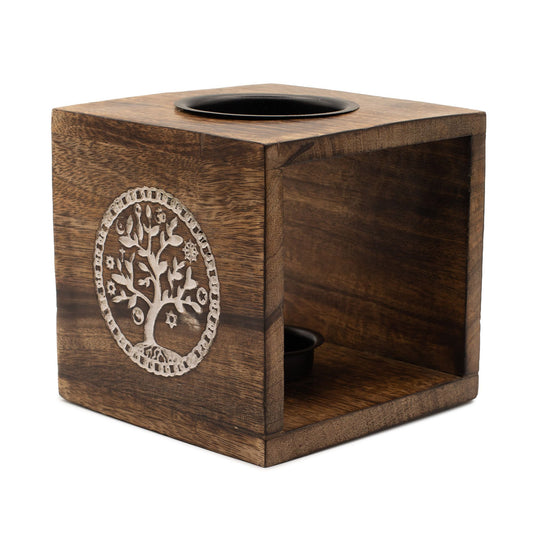 Large Square Mango Wood Oil Burner  - Tree of Life
